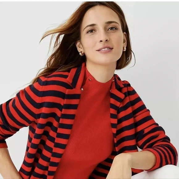 Ann Taylor Navy and Red Striped Cardigan - Picture 3 of 8